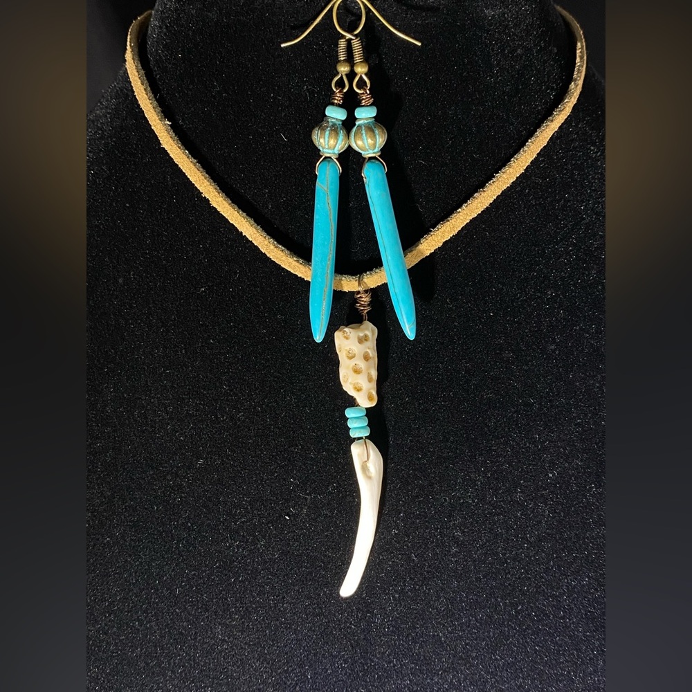 Coral and Turquoise Suede Necklace and Earring Set